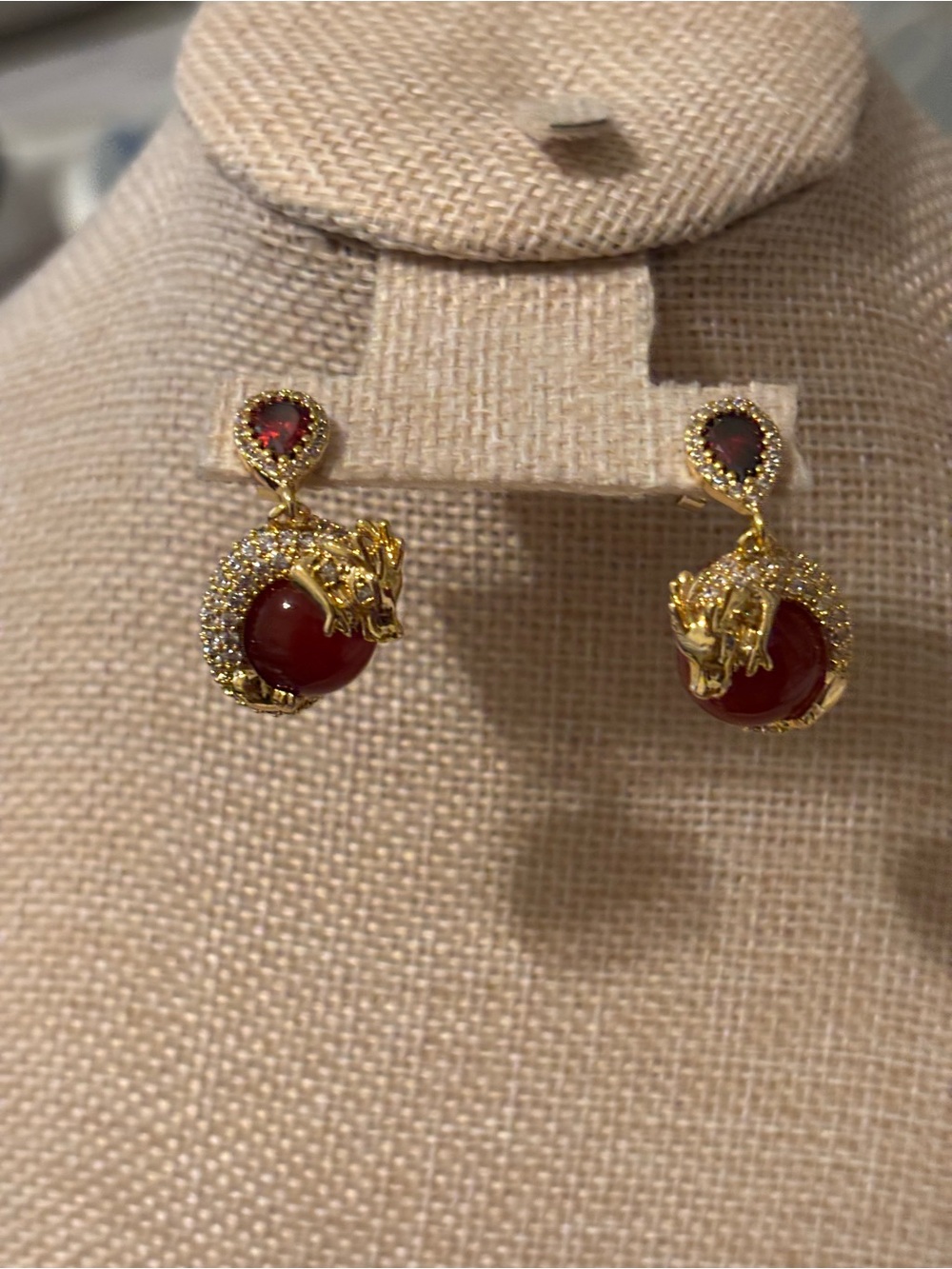 Gold Dragon Red Stone Drop Earrings - Brand